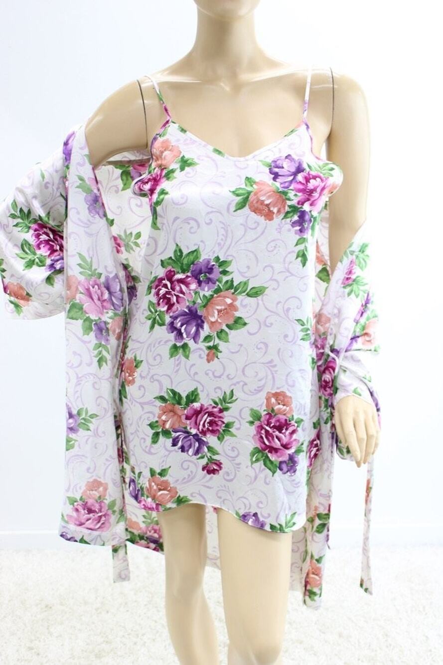 VTG Dentelle Floral Satin Nightie Nightgown Robe Set Medium Babydoll Coquette